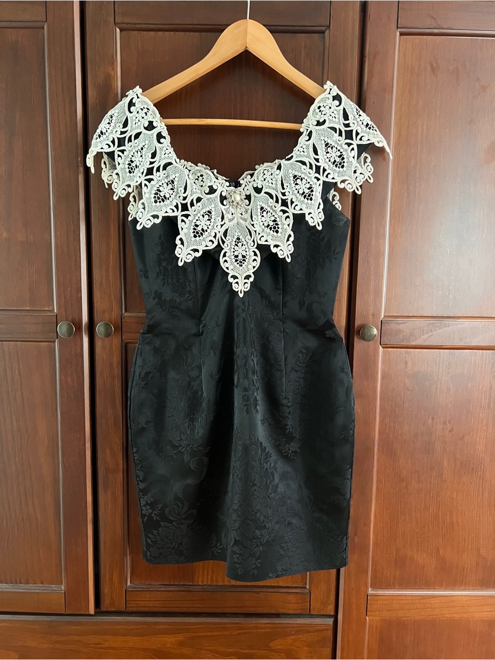 VTG 90s Scott McClintock Lace Portrait Collar Dress Black Jacquard Coquette 8P